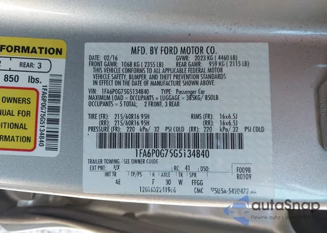 2016 Ford Fusion S из США, поврежденный, VIN 1FA6P0G75G5134840